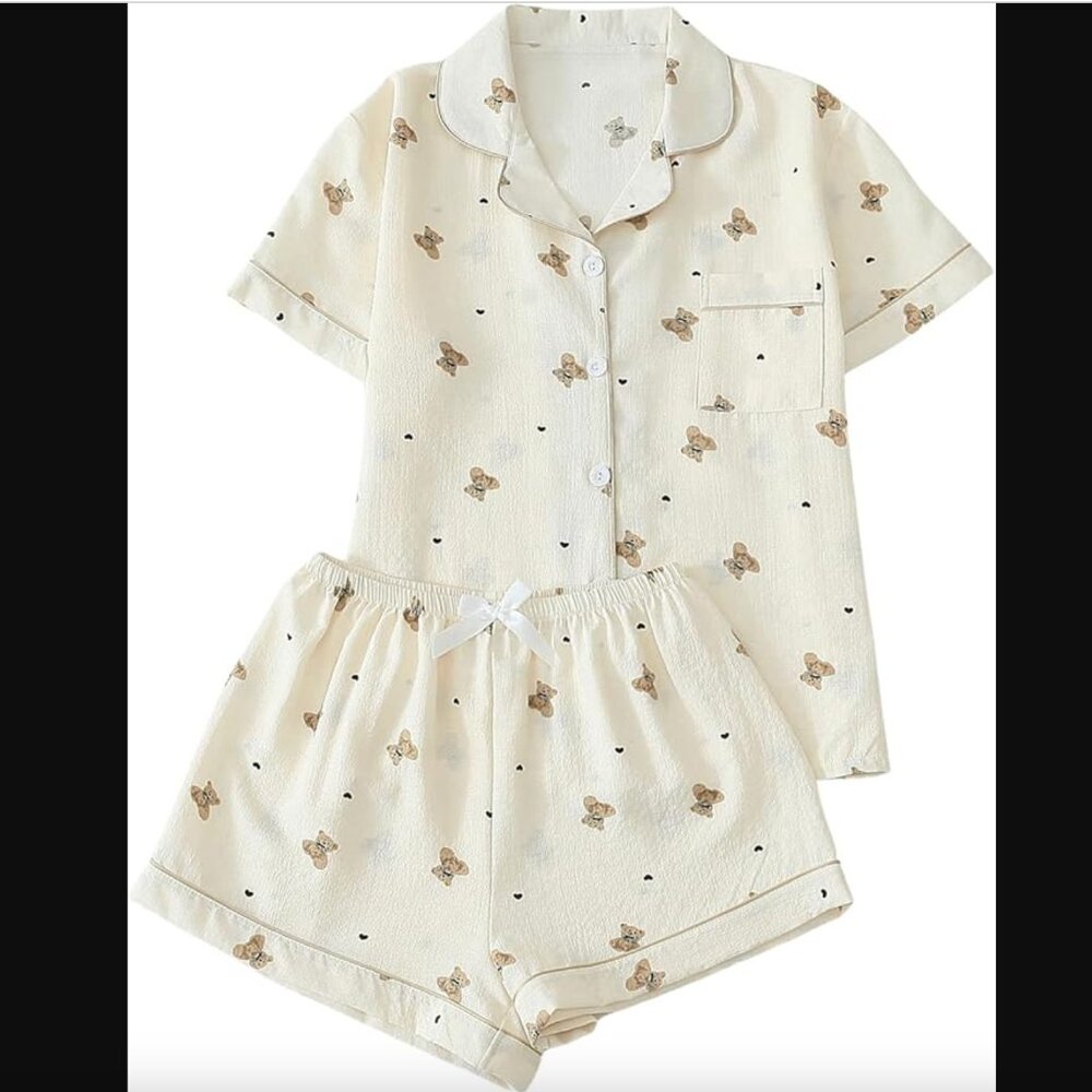 Heart & Bear Pattern Pj Set, Button Up Lounge Sle… - image 1